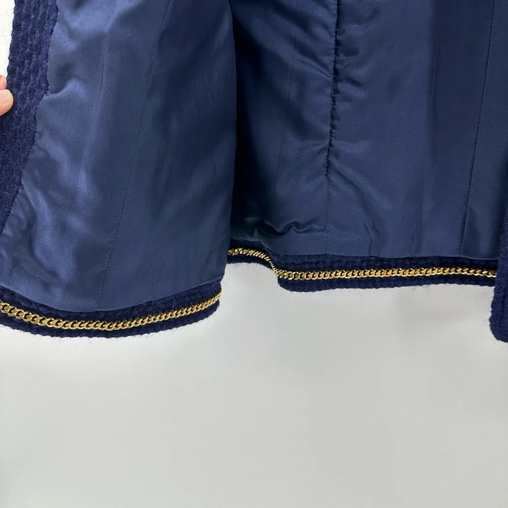 CHANEL Vintage Chanel Boutique Blue Bouclé Jacket Pocket Gold Clover Buttons